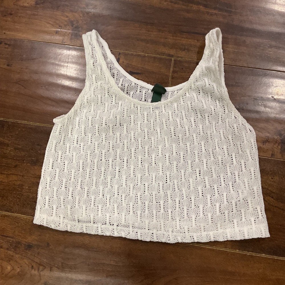 Wild Fable White Crochet Knit Crop Tank Top Small Scoop Neck Pointelle Sleeveles
